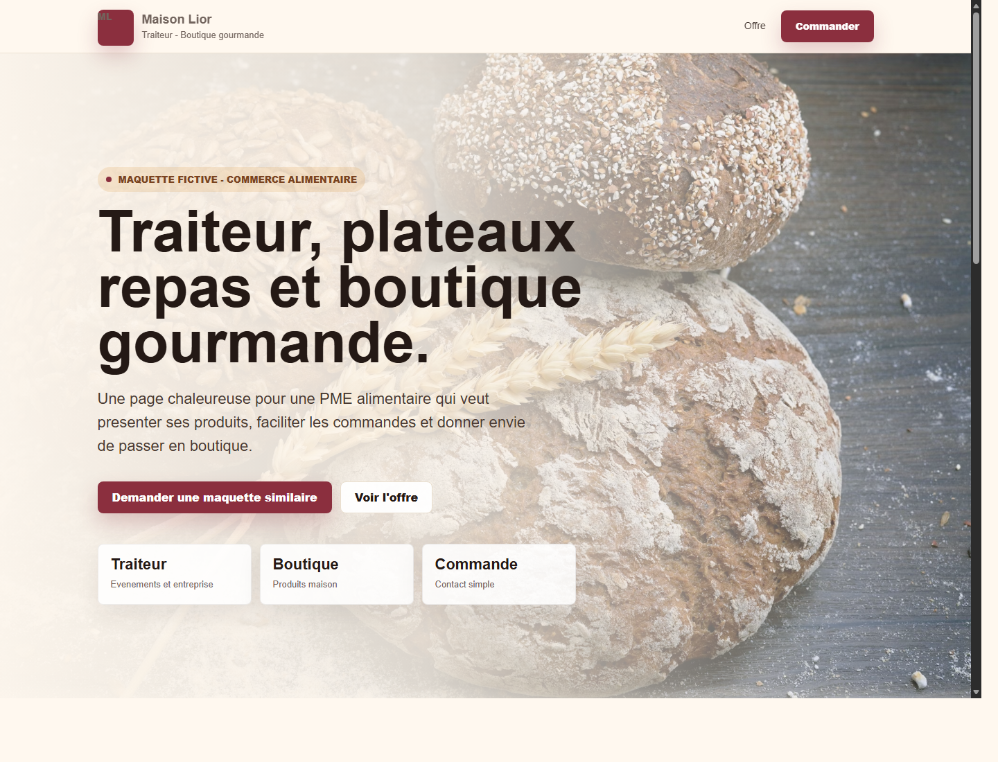 Maquette de site vitrine pour commerce traiteur